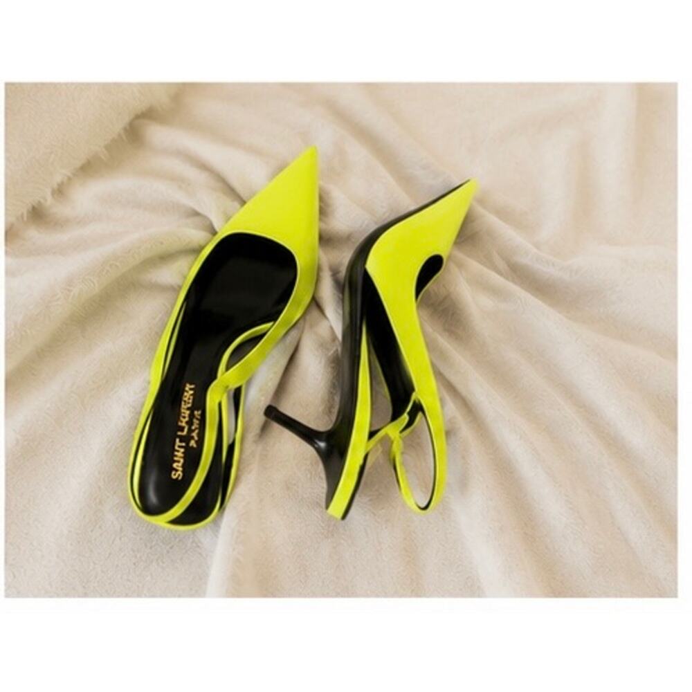 Saint Laurent Paloma Slingback Pumps Neon Yellow Patent Leather EU39 NIB - Picture 8 of 12